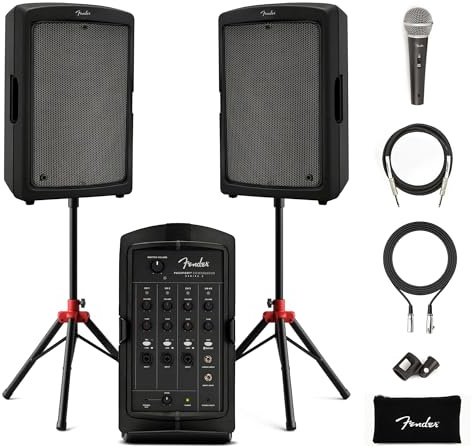 Fender Passport Conference S2 Portable PA System Bundle with Microphone Kit, Compact Speaker Stands, and Instrument Cable