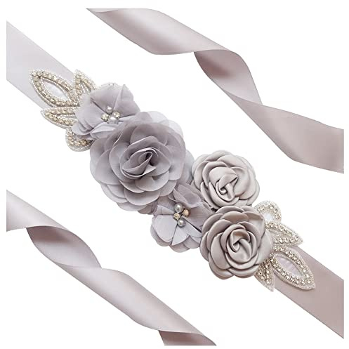 SHTGOI Cinturón de mujer con perlas de estrás para novia, con flores, cinta de raso, para bodas, para dama de honor, faja, rosa, vestido de novia, accesorio para vestido, 270 cm, color gris