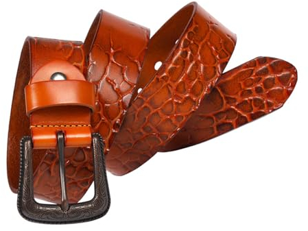 MYIESAXL Rindsledergürtel, Steinmuster-Design, verstellbare Zinkenschnalle, handgefertigter Western-Jeansgürtel（Orange, 110cm/waist:37）
