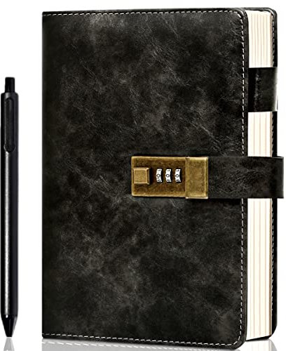 CAGIE Journal with Lock for Men and Women Waterproof Diary with Lock 192 Pages Mens Locked Journal with Pen A5 PU Notebook, Black