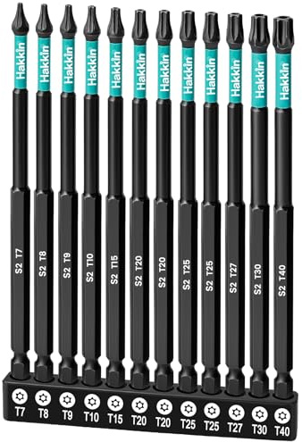 Hakkin 150 mm Torx Bit Set Lang 12 Stück Bitsatz für Akkuschrauber 1/4 S2 Torx Schlüsselsatz Lange Bits Set mit Loch Schraubendreher Set Bitsatz T7,T8,T9,T10,T15,T20,T25,T27,T30,T40