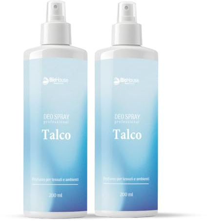 Spray Profumatore Per Ambienti e Tessuti 2x200ml Deodorante Intenso Rinfresca i Capi ed Elimina i Cattivi Odori Non Macchia e Non Lascia Aloni (Talco)