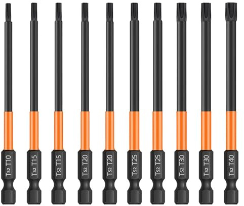Teocpai 10pcs 100mm Jeu d'embouts de Tournevis Torx, Jeu de Tournevis Magnétiques Torx Longs, Embouts de Vissage en Acier S2 T10-T40 avec 1/4 Hexagonale Tige