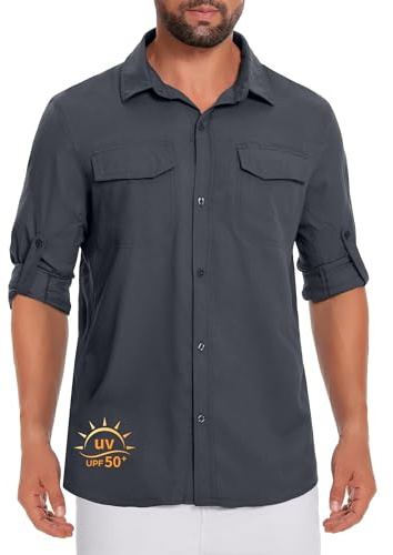 Herr UPF50+ fisketröjor långärmad solskydd lätt vandringsskjorta button down träningsskjortor med blixtlåsfickor, Mörkgrått, XXL