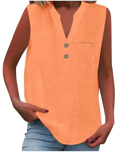 Vest Tops Women UK Summer Cotton Linen Sleeveless T-Shirt Loose Fit Button V Neck Tunic Tops Lounge Baggy Solid Plain Dressy Casual Shirts Trendy Blouses Ladies Tank Tops Orange