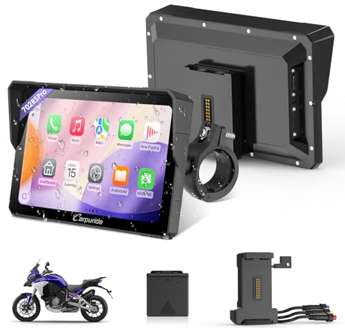 Carpuride W702RS PRO Motorcycle GPS Wireless Carplay/Android Auto/Radar BSD, 7 Waterproof Motorbike Touch Screen, with BM05 Mount, Bluetooth Trans, Intercom,Wired Controller, Navigation