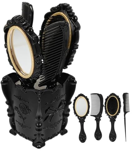 Vintage-Waschtischset: Handspiegel, Haarbürste zum Entwirren, breiter Zahnkamm, Rattenschwanzkamm und Halter für den Waschtisch oder die Badezimmertheke für Mädchen, Haarbürstenset