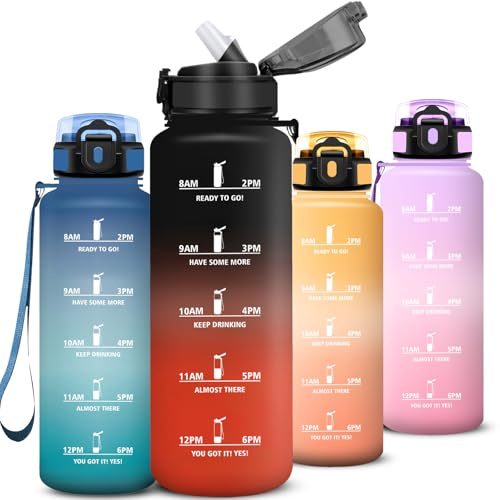 Mujigaga Gourde 1,5l, Anti Fuite Gourde Sport, Gourdes Graduée pour 1 Journee avec Marqueur de Temps, Verrou de Sécurité, Bouteille Motivation avec Paille pour Plein Air, Velo, Cyclisme, Extérieur,