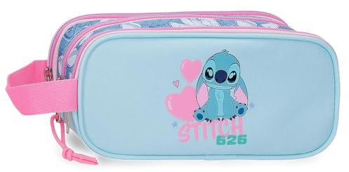 Disney Stitch Hearts estuche escolar, estuche infantil, fabricado en Poliéster, Triple compartimento para mejorar la organización, Tamaño ideal para llevarlo en la mochila, Con asa lateral.