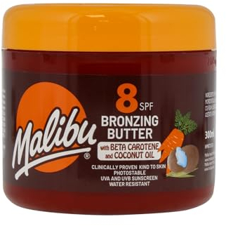Malibu Sun SPF 8 Bronzing Tanning Body Butter with Beta Carotene and Coconut Oil, Water Resistant, Tropical Coconut Fragrance, 300ml