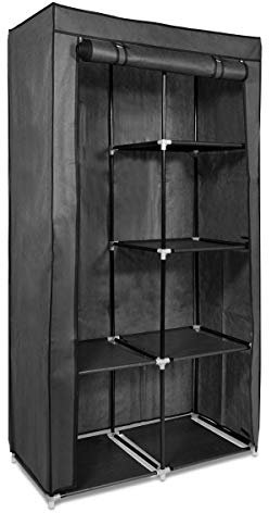 Navaris Armadio Tessuto Guardaroba 6 Scomparti - Tubi Acciaio Asta Appendiabiti Porta Avvolgibile con Zip per Vestiti Scarpe 88x170x45cm Grigio Scuro