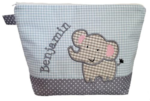 bestickte Tasche ELEFANT + NAME //hellblau - grau//Kulturtasche Wickeltasche Windeltasche Kulturbeutel Wasch-tasche Bag 20 Schriftarten Geschenk
