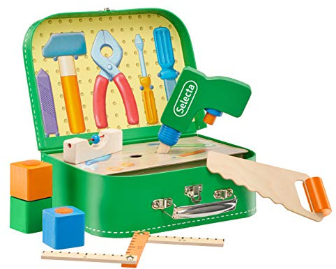 Selecta 62074 Werkzeugkoffer, stabile Werkzeuge aus Holz, 25 x 18 cm, bunt