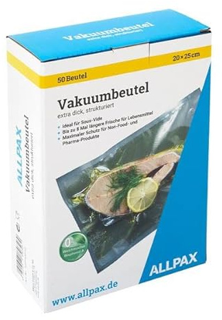 Vakuumbeutel im Karton, 20 x 25 cm, 50 Stück, extra dick, mit Prägung - goffriert (für kammerlose Vakuumierer) - gefertigt aus lebensmittelechten PA/PE, ohne Weichmacher - Materialstärke 150 µm