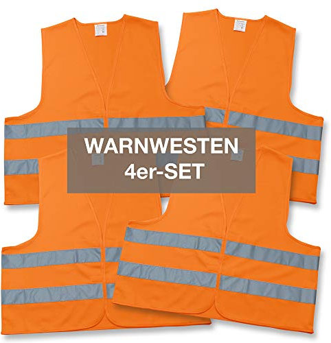 4business 4 Stück Kfz Warnweste orange EN ISO 20471 Klasse 2 für Erwachsene Unisize TÜV-geprüft waschbar