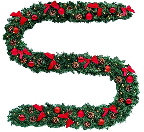 Baunsal® Weihnachtsgirlande Tannengirlande Girlande grün 5 m mit roter Deko und Led Lichterkette mit Batteriebox und Fernbedienung Girlande Weihnachten Weihnachtsdeko Tannengirlanden