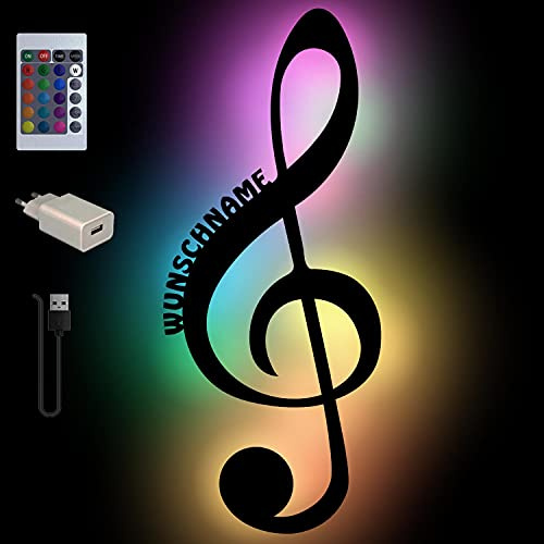 Namofactur personalisierte Wandlampe Musiknote aus Holz mit USB-RGB | Mit Wunschname – USB-Farbwechsel mit Fernbedienung und Netzteil; in verschiedenen Farben wählbar