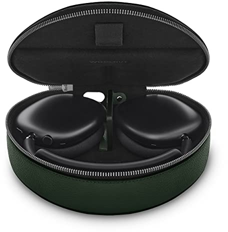 WOOLNUT Leather Case for AirPods Max & AirPods Max 2: Tailor-Made, Magnet for Low-Power Mode, Charge Inside, Full-Grain Leather, Super Soft Microfiber, YKK EXCELLA Metal Zipper - Green