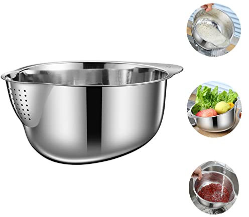 Lavvi Edelstahl Reiswaschschüssel Vielseitig 3 in 1 Sieb Sieb für Küche Gemüse Obst Silber 25 cm