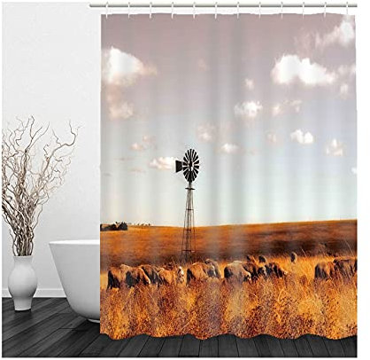 Banemi Shower Curtain Extra Long, Retro Duschvorhang Orange Braun Hellblau Grau Grasland Lamm 90X180cm für Eck Dusche mit 12 Duschvorhangringen