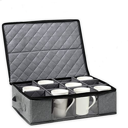 Boczif Coffee Cup Storage Box, Holds 12 Glassware, Coffee Mugs & Tea Cups, Padded Dinnerware Case with Dividers, Handles & Zipper Lid