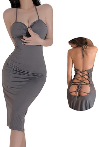 Women's Deep V Neck Halter Backless Mini Dress for Women Party Night Sexy Club Bodycon, Grey Long Skirt, One size