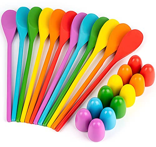 24 Pack Easter Egg and Spoon Race Game, 6 Colors Egg Spoon Race Game Sets with 12 Eggs and 12 Spoons, Halloween Egg Hunt Games, Easter Egg Toys for Kids
