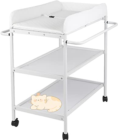 Wickeltisch 2 in 1, mit Rollen, mit Badewanne, ab Geburt bis 12 Monate, max. Belastung 14 kg, Wickelkommode für Babys, mit Sicherheitsgurt und Aufbewahrung, 84 x 72 x 90 cm (weiß)