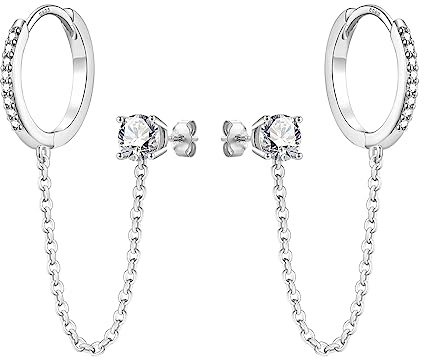 Chain Earrings for Women - 925 Sterling Silver Gold Hoop Double Piercing Earrings Two Holes CZ Huggie Hoop Earrings Set Tassel Drop Link Cuff Cartilage Helix Earrings for Teen Girls Jewellery Gifts