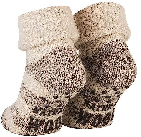 Piarini ABS stoppstrumpor – 1 par – ullstrumpor – vinterstrumpor – norska strumpor med innerfrotté – kvinnor män, ecru-beige randig, 35-38 EU