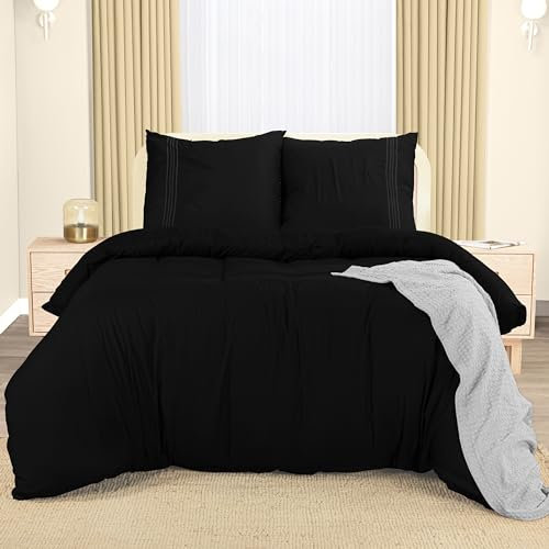 Utopia Bedding Funda Nordica 220 x 240 - Microfibra Juego de Funda Edredon 220x240 cm y 2 Bordado Fundas de Almohada 65x65 cm (Negro)