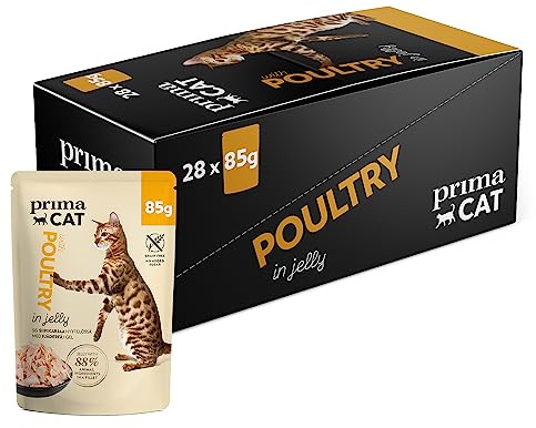 PrimaCat - Nassfutter für Erwachsene Katzen, Geflügel in Gelee, 28 x 85 g | Alleinfutter, Zarte Filets in Gelee, unterstütz die Flüssigkeitszufuhr, getreidefrei, ohne Zuckerzusatz, mit Geflügel,