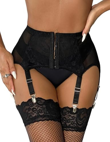 comeondear Sexy Strapsgürtel Damen Übergröße Spitze Große Größen Strumpfhalter mit 6 Strapsen Dessous Set Unterwäsche für Mollige Frauen Hüfthalter Garter Belt Plus Size(Schwarz,XL-XXL)