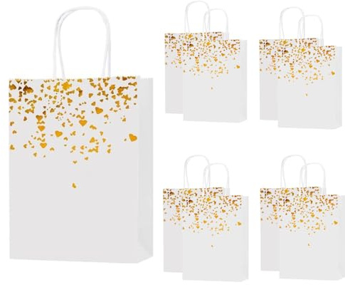 20 Piezas Bolsas Papel Regalo de Oro Blanco, Bolsas de Papel con Asas Reutilizable para Embalaje de Regalo, Fiestas de Cumpleaños Compras Bodas Navidad