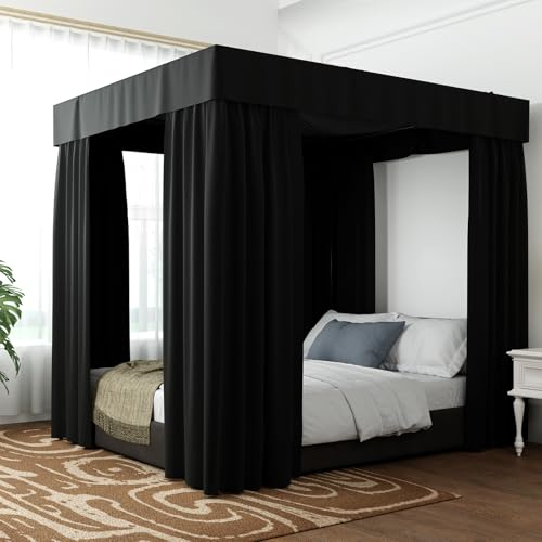 Hvqic Schwarze Betthimmel Bettvorhänge – 4 Eckpfosten Bettvorhänge California King Bett Vorhänge lichtdichte Vorhänge Betthimmel für Erwachsene und Mädchen Schlafzimmer Dekoration (California King,