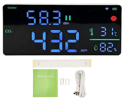 CO2-Monitor, Luftfeuchtigkeitsmesser, Dezibelmesser, 11 Zoll, 4-in-1, Digitaler Schallpegelmesser, Thermometer, Hygrometer, Wandmontage-Tester