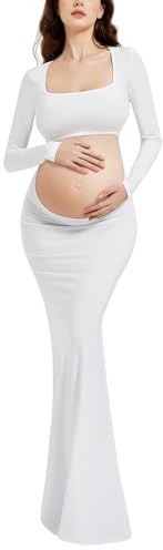Bhome Umstandskleid für Fotoshootings, langärmeliges sexy Maxikleid mit Rückenausschnitt, Schwangerschaftskleid für Babybauch-Fotografie