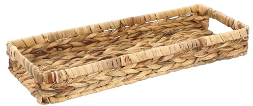 BSTKEY Cesta de almacenamiento de jacinto de agua natural para baño, soporte de papel higiénico tejido, organizador de servilletas, bandeja de almacenamiento rectangular con asas (43 x 16 x 5 cm)