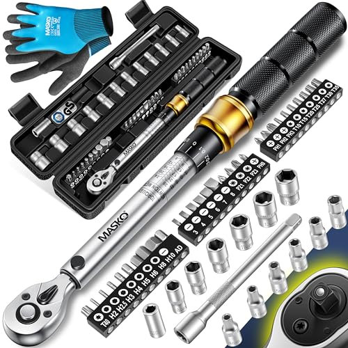 MASKO® Drehmomentschlüssel 45-tlg. Set Auto, Fahrrad & Motorrad 1/4 Zoll 5-25Nm inkl. Handschuhe, Magnetische Zündkerzenhülse Stecknüsse mit Verlängerungsstange 100mm +/- 4% Toleranz Reifenschlüsse