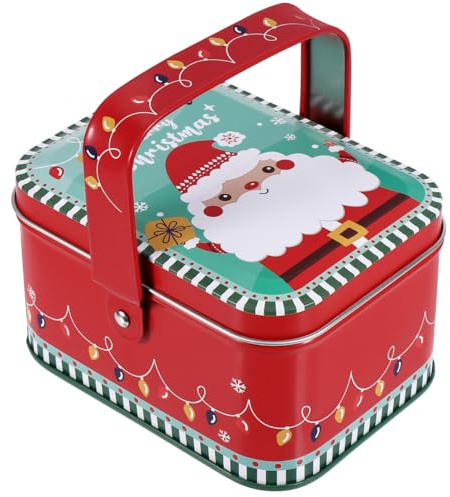 HOLIDYOYO Christmas Tinplate Tin Cookie Tins Santa Claus Candy Box With Handle Lid Xmas Party Favor Box For DIY Biscuit Candles Tea Spices Xmas Party