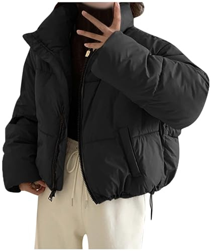 GULASISI Womens Baggy Fluffy Down Coats Winter Thicken Cotton-Padded Clothes Y2K Teen Girls Cropped Puffer Jacket Thermal Down/UK Size/Ladies Winter Clothes Black
