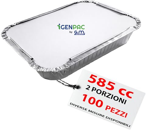 GM – 100 Contenitori Alluminio 2 Porzioni 585 cc con 100 Coperchi Alluminizzati, Vaschette per Alimenti Ideali per Forno, Congelamento, Gastronomia e Asporto Professionale