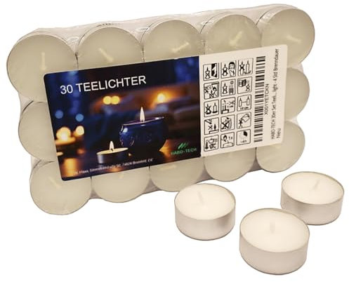 HABO-TECH 30er Set Teelichter weiß, premium Kerzen, ohne Duft, Aluminium Hülle - tea light - 4 Std Brenndauer