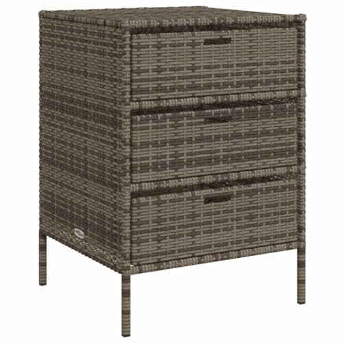 Rattanoptik Beistelltisch mit 3 Schubladen, Gartentisch Loungetisch Balkontisch Outdoor Garten Terrasse Tisch Gartenmöbel, Grau 55x59x80 cm
