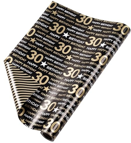 RUSPEPA Vändbar omslagspapper rulle – 70 år gammal födelsedag svart och guld mönster perfekt för födelsedag, fest, baby shower – 43 cm x 10 m