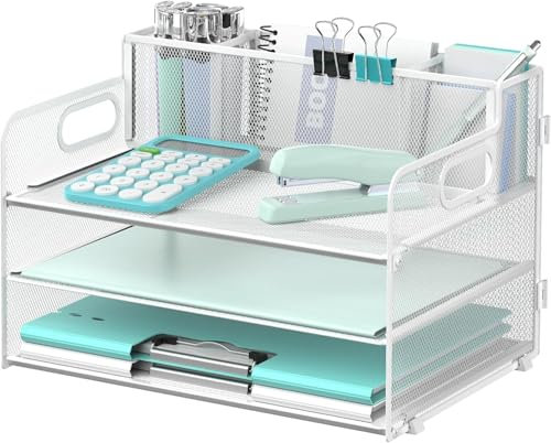 Suptidy Schreibtisch-Organizer mit 3 Etagen, mit Griff und 3 Stifthaltern, Netz-Papier-/Akten-Organizer für den Schreibtisch, Papier-Briefablage für Bürobedarf, Weiß