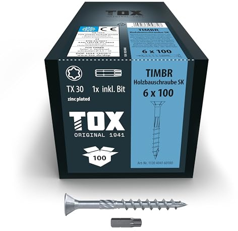TOX Holzbauschrauben TIMBR SK 6,0 x 100 mm, 100 Stk. | Blau verzinkt, Senkkopf TX30, leichtes Eindrehen und bündige Montage im Holzbau, inkl. Bit, 1120404160100