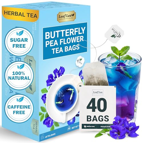 LeafLea 40 Butterfly Pea Flower Tea Bags, Herbal Flower Tea for Relaxation, Mocktails, and Natural Food Coloring, Caffeine-Free, Sugar-Free, Non-GMO