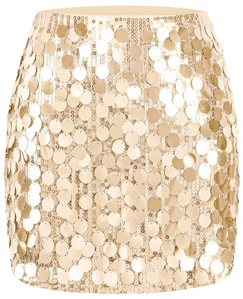 MANER Women's Contrast Sequin Skirt Sparkle Stretchy Bodycon Mini Coin Skirts Night Out Party (L / US12-14, Big Champagne)