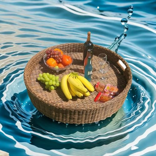 Lakenbroade Plateau Flottant Rond en rotin pour Piscine, Plateau de Piscine avec Cadre en Aluminium, Plateau de Service Flottant, Plateau de Petit-déjeuner Flottant pour Piscine, Jacuzzi,60cm*60cm